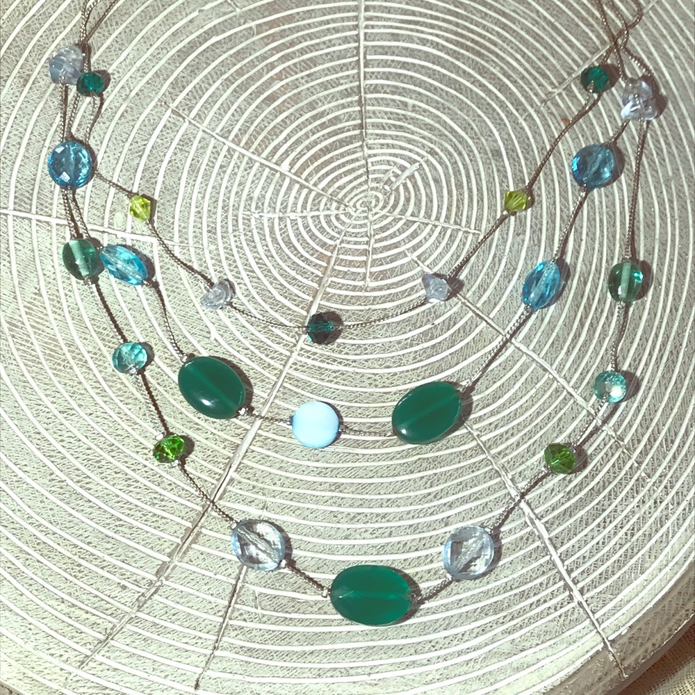 Blue green multi strand silver necklace